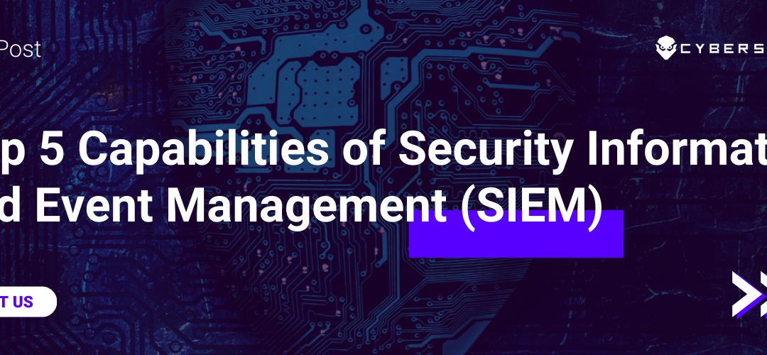 Cyber Sainik logo positioned at the top left corner, surrounded by a cyber security-themed background. Text overlay emphasizes 'Top 5 Capabilities of Security Information and Event Management (SIEM)'.